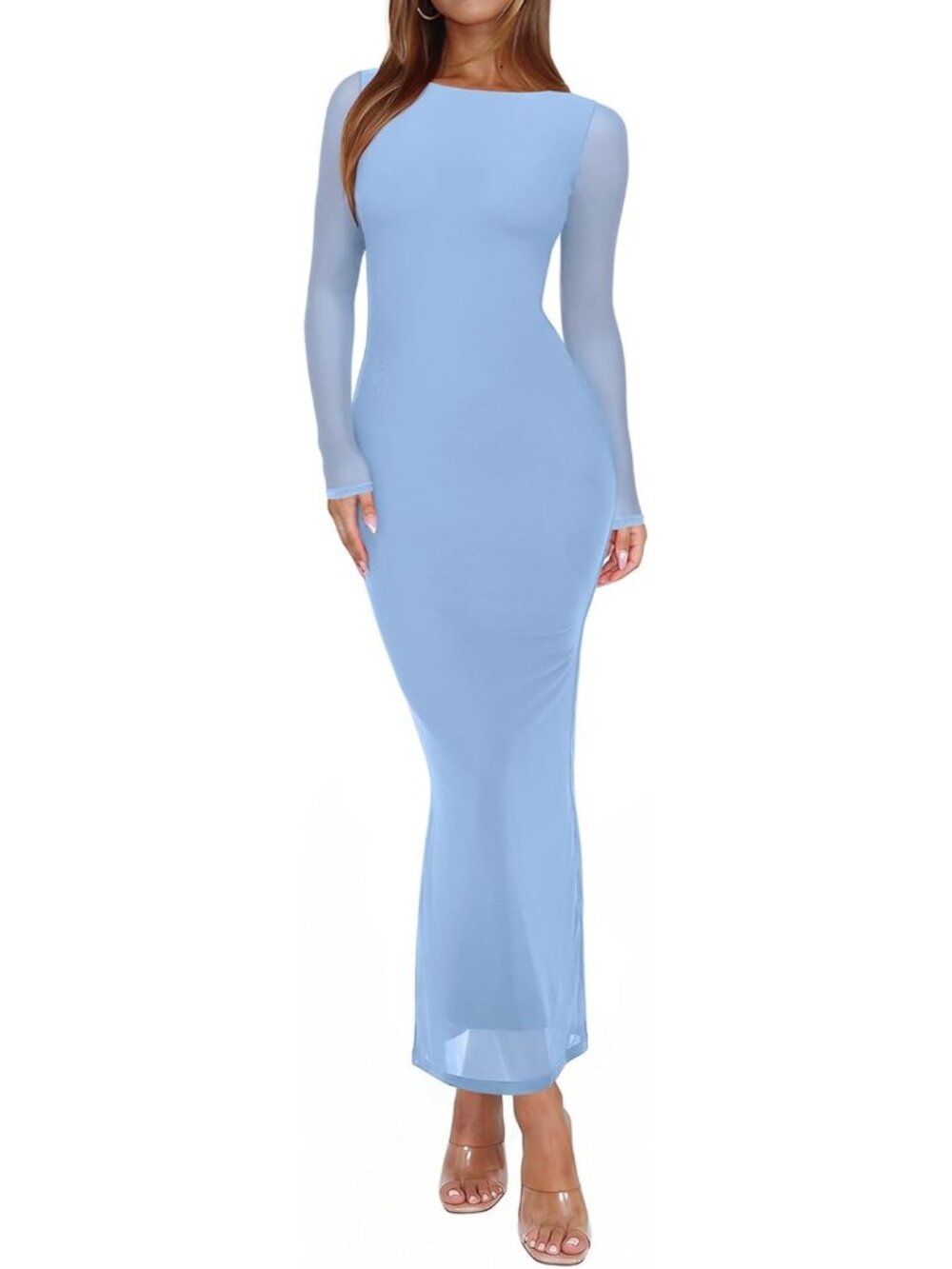 Women's Haze Blue Long Sleeve Sexy Floral Bodycon Wedding Guest Maxi Long Dress